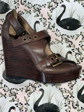 Coach Brown Leather Wedge Sandal with Buckle